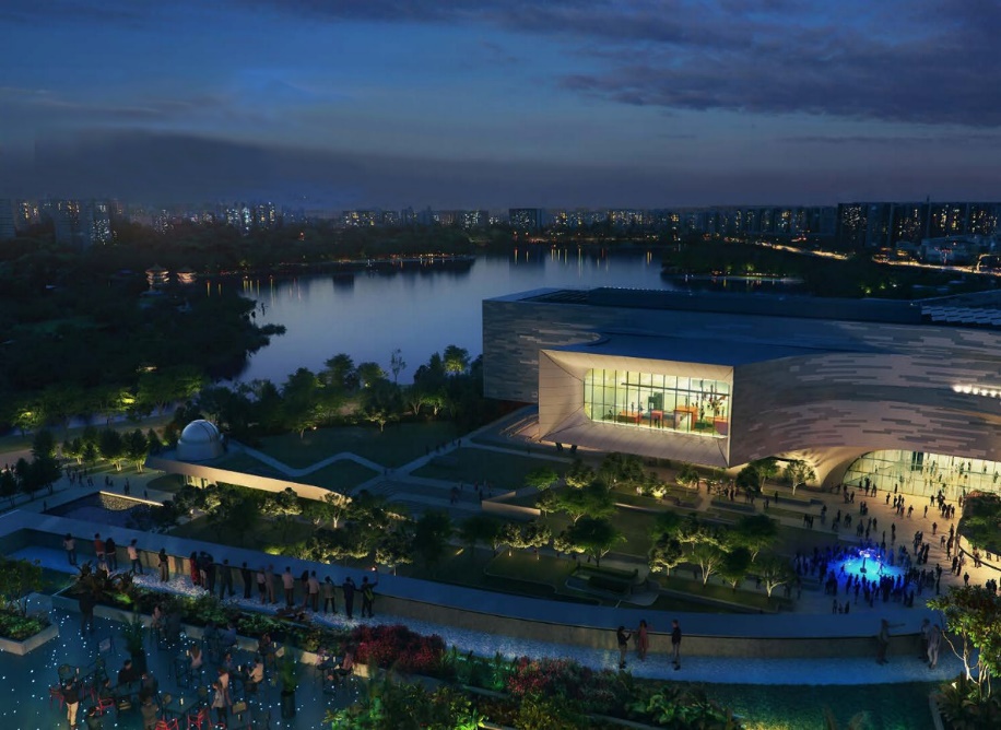 Night view of the new Science Centre and Jurong Lake from a rooftop garden